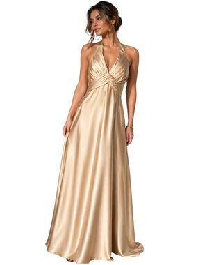 Azazie Tessie Champagne A-Line Halter Stretch Satin Maxi Dress Size A12